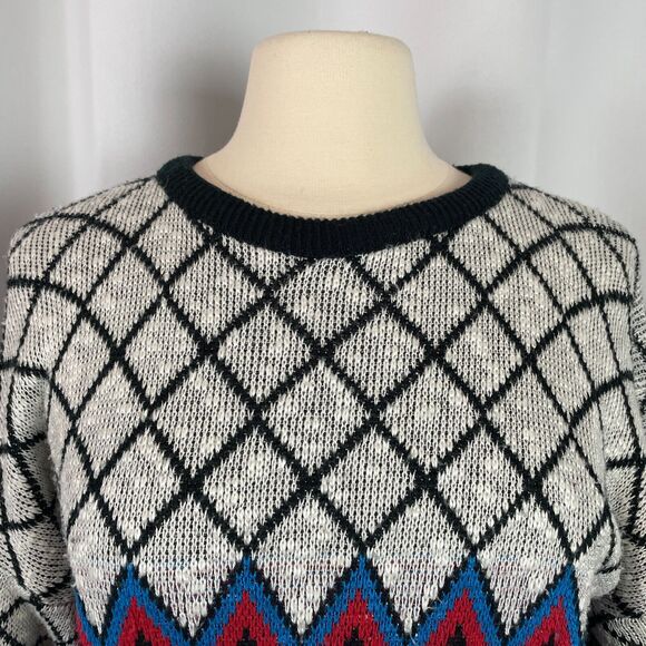 Vintage Sweater Size Petite Medium MP Black White Knit Retro Print 80s Pullover - Picture 2 of 15